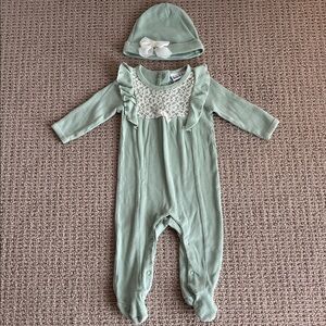 Baby Girl Romper Set 3–6M | Mint Green Lace Footie + Beanie | Nicole Miller